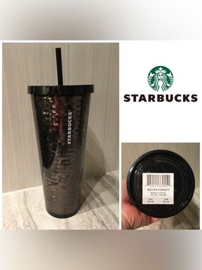 🆕STARBUCKS - NWT - BLACK / SILVER SEQUIN SPARKLE HOLIDAY 24OZ COLD CUP TUMBLER